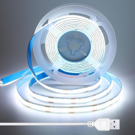 1m USB COB LED Strip with 1.5m Cable, Cool White LED Strip, 8mm Width, CRI 92+, Flexible and Self-Adhesive, for Backlighting Office, Screen, Caravan, Cabinet, Cupboard, 6000K (1/5)