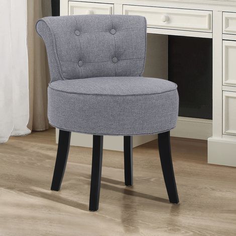 Linen Buttoned Vanity Stool Thick Padded Black Wooden Legs, Light Grey (1/5)