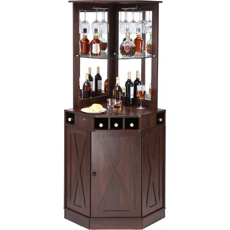 Armoire Bar Industrielle de Coin, Meuble de Bar pour Liqueurs et Verres, Buffet avec Porte-verres, Grand Présentoir à Vin Autoportante en Bois pour Salon, Maison, Bar Domicile, Café, Marron (1/5)