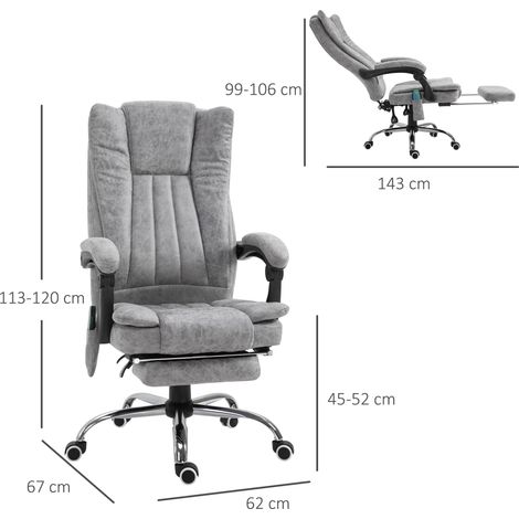 Fauteuil de massage gris avec chauffage, inclinable, coussin épais, repose-pieds, chaise de bureau ergonomique, dimensions 62 x 67 x 113-120 cm, siège relaxant pour détente. (1/5)