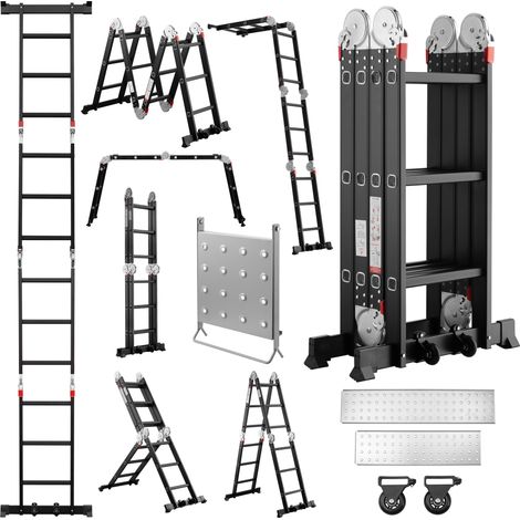 Teeno – Échelle pliante multifonction 7 en 1 – 3,6 m – Aluminium – Charge 150 kg – 4x3 marches – Pieds antidérapants – 2 plateformes – Roues amovibles