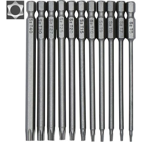 Puntas destornillador, 11 piezas, destornilladores Torx largos, puntas Torx huecas, acero S2, 100 mm, T6 T7 T8 T9 T10 T15 T20 T25 T27 T30 T40 (1/5)
