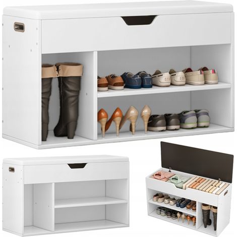Schuhschrank mit Sitzfläche aus Holz, Stauraum, 3 Einlegeböden, zu öffnen, weiß, 80 cm (1/5)