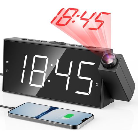 Réveil à Projection Plafond Heure, Horloge Enfant et Murale, 7" Grand Écran LED Reveil Projecteur 180°, Luminosité Réglable à 5 Niveaux, Double Alarme, Snooze, Charge USB, 12/24H (1/5)