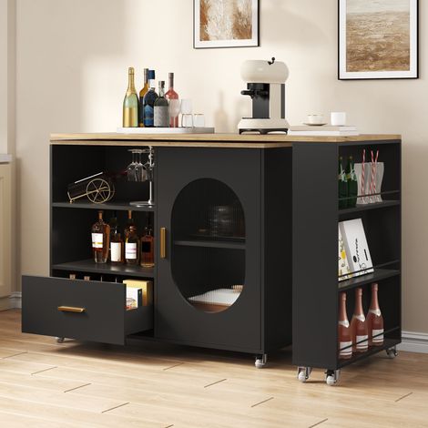 Îlot de cuisine mobile 120 à 180 x 60 x 90 cm - porte en verre cannelé - 1 tiroir - plateau pivotant à 360 degrés - naturel et noir (1/5)
