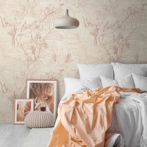 Fotomural Profhome 398861 papel pintado vinílico estampado en caliente tejido non tejido liso con dibujo floral mate beige blanco-crema marrón 1,59 m x 2,8 m