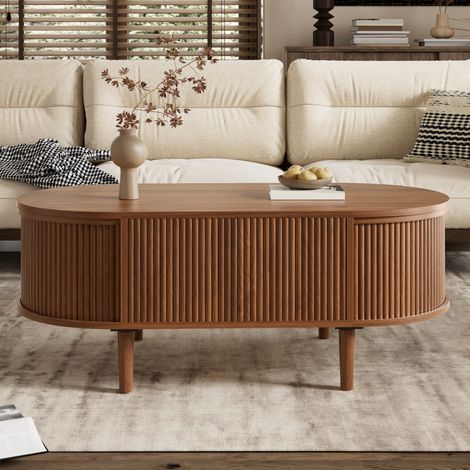 Table basse 100x48x54,5 cm avec tiroirs, étagères, rangements, design ovale, salon moderne, rangement pratique, en MDF, noyer