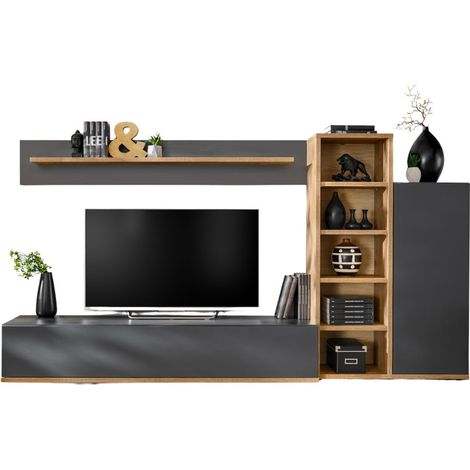 Composizione murale RHYS – Mobile TV, colonne e scaffali – Antracite e rovere Wotan