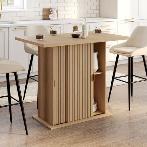 JULIETTE Isla central para 4 personas, 110 cm, pata central con almacenamiento, efecto listones, listones de madera