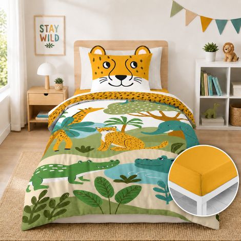 Parure de lit enfant 140 x 200 cm coton 42 fils SAVANA + drap housse jaune 90x190 cm (1/5)