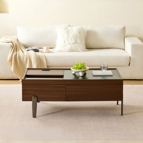 Table basse fixe-modèle design-bois brun veinage marbre-tiroirs-Plateau verre-pieds métal-105x50x41.5(cm) (1/5)