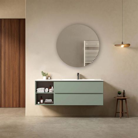 Mobile bagno sospeso 140 cm Verde Salvia Lavabo a Destra in Resina Specchio Tondo - Fiji Paint Plus (1/4)