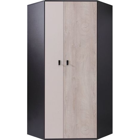 Armario de rincón Camteso 100, Negro + Roble + Beige, 190x90x90cm, Puertas de armario: Con bisagras, Número de estantes: 5