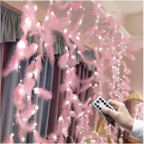 Guirlandes lumineuses en plumes,lumières décoratives à LED,décoration de rideau suspendu romantique à télécommande USB Plume rose blanc chaud 3 × 3m,Blanc chaud (1/5)