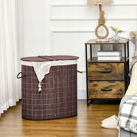 Panier à linge en bambú 100L - Marrón 62,5x37x60,5cm - Double compartiment avec couvercle et doublure amovible (1/5)