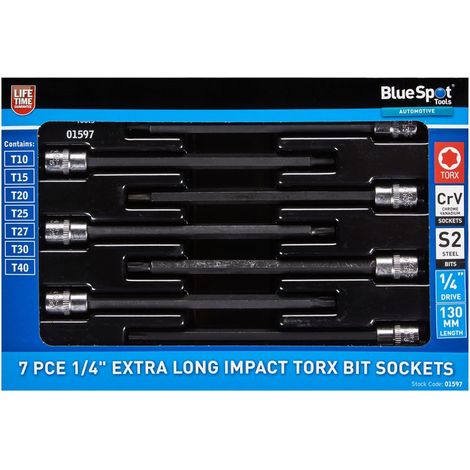 BlueSpot 7pc Extra Long Impact Torx Bit Sockets 1/4" Drive T10 - T40 Set (1/2)