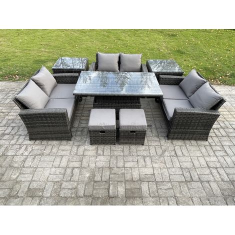Fimous Ensemble de meubles de jardin en rotin Table élévatrice Sofa Set ave Canapé deux places 2 Petit Tabouret 2 Table d'appoint Gris foncé (1/5)