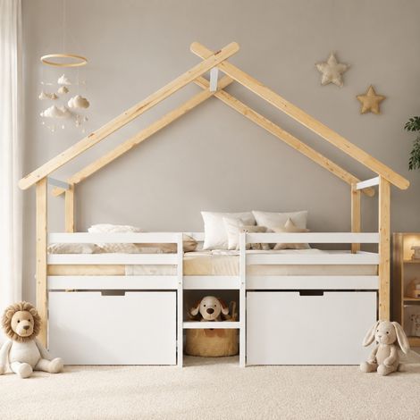 DESMIU Lit cabane enfant 90 × 200 cm avec barrière, escalier et 2 rangements, sans matelas, blanc naturel (1/5)
