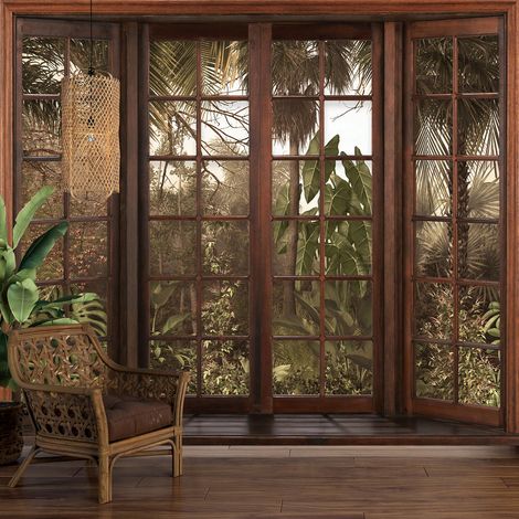 Papier peint panoramique Trompe l'oeil Fenêtre en bois - Forêt Tropicale - 130 cm x 104 cm (1/5)