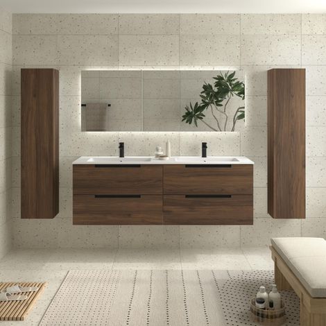 Mueble de Baño LENI 160cm Nogal 4 cajones Lavabo Vilna 2 pozas Solid Surface (1/5)