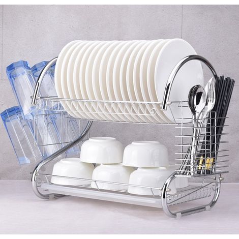 Aqrau Égouttoir à assiettes en acier inoxydable 2 étages, Panier égouttoir d'évier ,Porte-couverts Bac de récupération crochets pour tasses et assiettes - Argent (1/5)