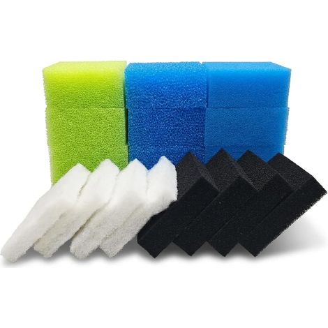 20 Pièces Mousses Filtrantes Compact Bioflow 3 virgule 0 M 4x Bleu Fin 4x Bleu Gros 4x Vert Nitrax 4x Charbon Actif 4x Ouate (1/4)