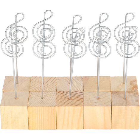 Lot de 10 pinces à notes photos, support cartes message, base en bois massif, présentoir métal pour photos et cartes. (1/5)