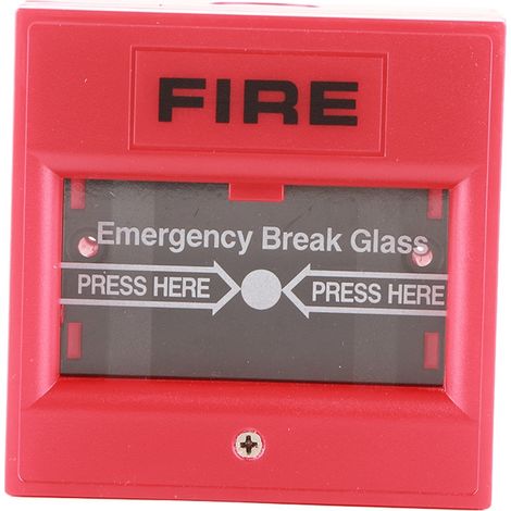Système de sécurité pour porte de secours : bouton d'alarme bris de verre à réarmement manuel, ignifugé, rouge, à réarmement manuel.