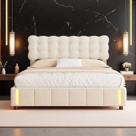 Cama 140x190 - Cama con Cofre Hidráulico - Cabecero de Terciopelo Beige - Luz de Inducción - 2 Plazas