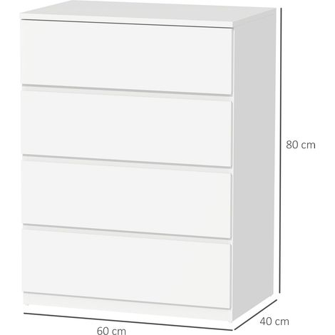 Commode à quatre tiroirs, en aggloméré, avec rails métalliques et poignées rainurées, 60x40x80 cm, blanche. (1/5)