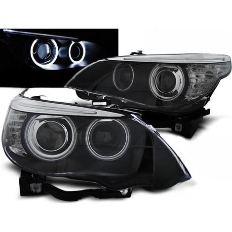 Paire de feux phares BMW serie 5 E60 / E61 de 2003 a 2004 xenon angel eyes CCFL noir-27361220 (1/3)