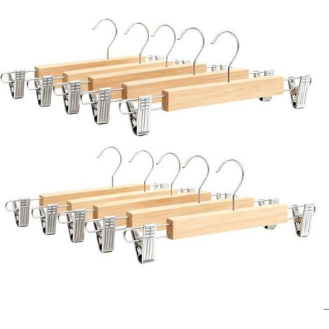 Relaxdays lot de 10 cintres à pinces pour pantalons & jupes, 2 pinces/chacun, 12x36x1,2 cm, bois & fer, naturel (1/5)