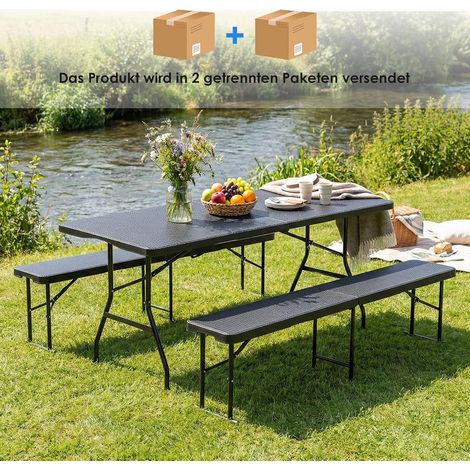 Picknick-Campingtisch- und Bankset, Gartenmöbel, bestehend aus 1 Klapptisch und 2 Klappbänken - (Dunkelgraues Rattan) (1/5)