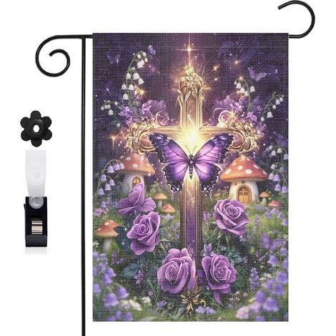 Drapeau de jardin croix dorée et arche florale 30 x 45 cm décoration terrasse et extérieur (1/5)