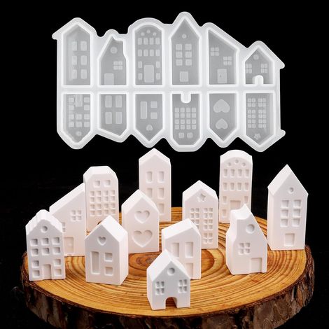 Lot 12 Moules Silicone Maison, 3D, Résine, Gypse, Bétons, Mini, Noël, DIY, Suspension, Déco, Art, Maison (1/5)