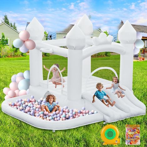 Kids White Bouncy Castle 323×284×223cm with Double Slide Ball Pool Trampoline for Backyard Weddings Indoor and Outdoor Kids Birthday Parties (1/5)