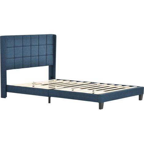 Cama doble capitoné 140x200 cm de lino azul con somier de láminas y colchón de muelles (1/5)