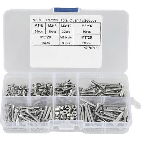 260-teiliges Set mit M3 304 Edelstahl-Innensechskantschrauben und -muttern inklusive Box