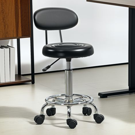 Verstellbarer 360°-Drehhocker mit Rückenlehne, Rollen und Fußstütze, aus Stahl, Kunstleder und Schaumstoff, Schwarz