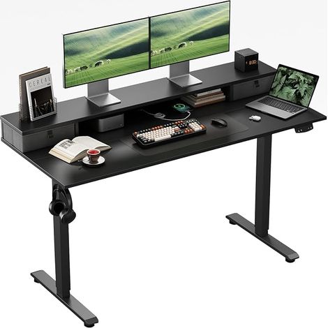 Adjustable Height Desk with Double Drawers, Electric Gaming Table Height Adjustable, Sit-Stand Desk, Ergonomic Standing Desk, 140 x 60 cm, Black (1/5)