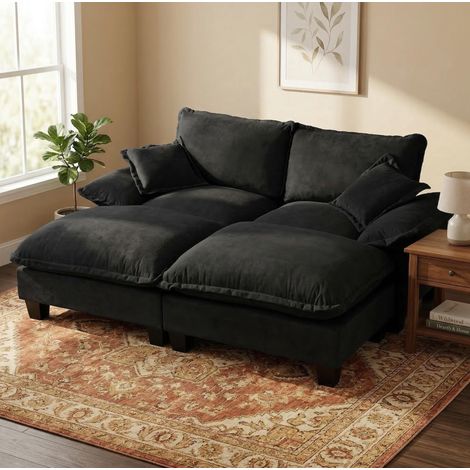 Sofá esquinero modular 194x151x90 cm negro en chenilla con otomana móvil y diseño curvo (1/5)