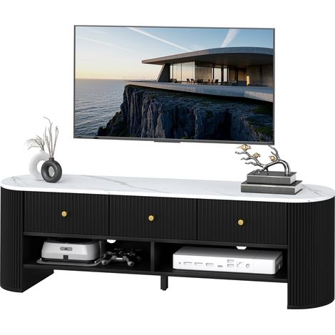 Meuble TV 140 cm, meuble télé 65 pouces marbre avec 3 tiroirs cannelés, 2 étagères noir (1/5)