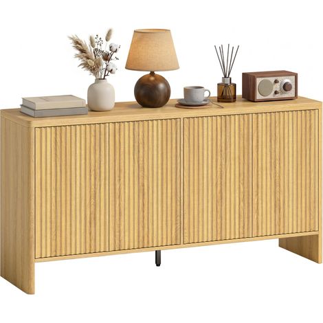 Buffet salon, étagère réglable, ouverture par pression, chêne, 147x40x77cm, meuble de rangement avec 4 portes rainurées (1/5)