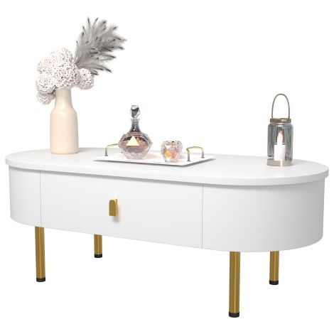 Table basse avec deux tiroirs, poignées et pieds dorés, et angles arrondis.