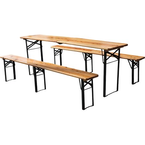 Table de Jardin Pliable 3 Pièces 220cm – 1 Table + 2 Bancs, Bois Pin Massif Résistant aux Intempéries, Charge 200kg, Pour Fête & Camping