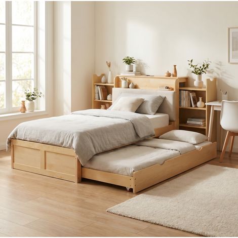 Bett multifunktional skandinavisch 90x200 cm in Naturholzoptik mit Ausziehbett, gepolstertem Kopfteil, USB und EU-Steckdosen