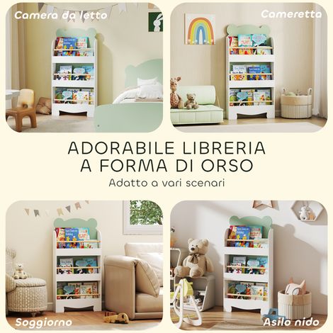 Étagère murale ours 3 étagères avec barrières avant, 55x15x110 cm, vert, pour chambre enfant ours