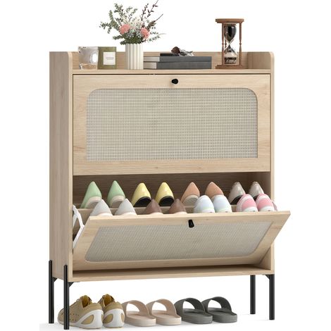 HOMCOM Boho Narrow Shoe Cabinet, Shoe Rack with 2 Flip Drawers, Oak