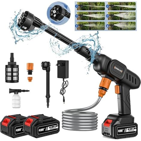 Nettoyeur Haute Pression Sans Fil 6-en-1 - 60 Bar 10L/min, Batterie 10000mAh x2, pour Voiture/Jardin (30,000 tr/min) (1/5)