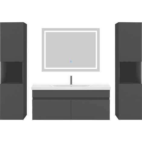Acezanble Ensemble meubles Salle De Bain 100cm simple vasque + colonne + miroir LED Anthracite 5pcs
